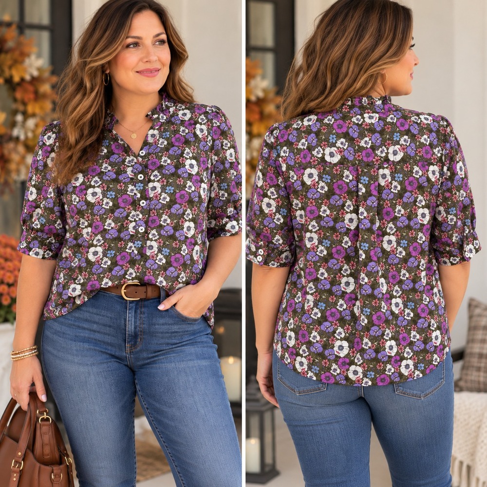 Talbots Ruffle Neck Floral Blouse LP Petite Large Purple Olive Cotton Top Puff